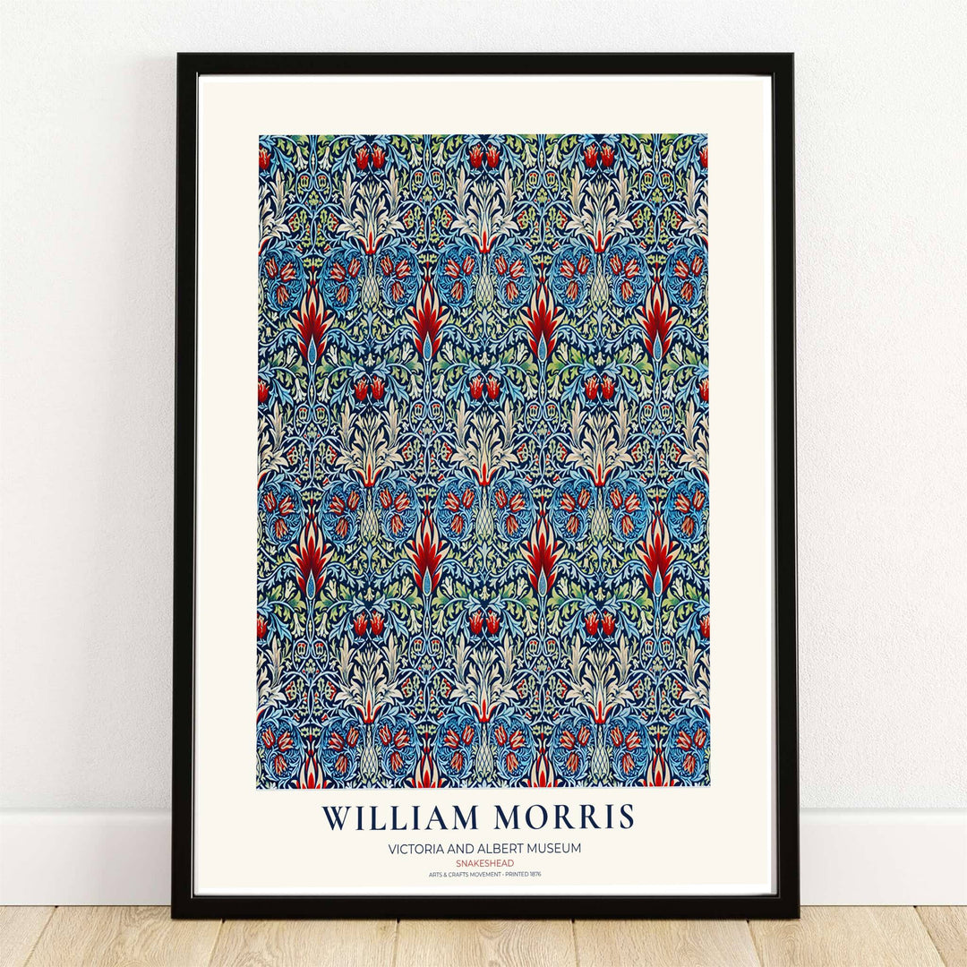 Flame red flowers and cream tendrils rest on dark indigo in this William Morris Snakeshead print. MapYourDreams supplies this vintage textile artwork in framed, unframed, and canvas options available for moody living room wall decor.