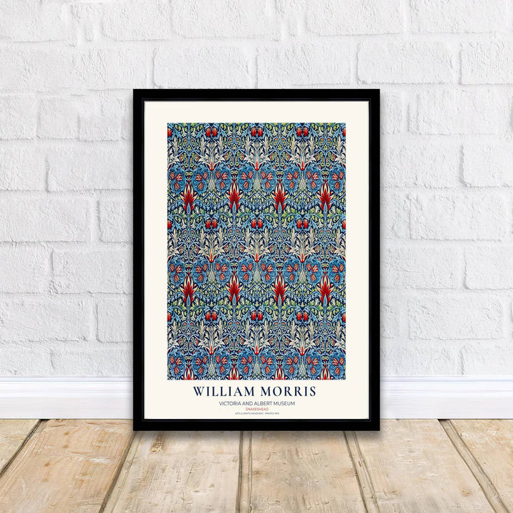 A dark indigo botanical layout highlights this 19th-century William Morris Snakeshead exhibition poster. Shop premium framed, unframed, and canvas options available online today from MapYourDreams for cozy interior spaces.