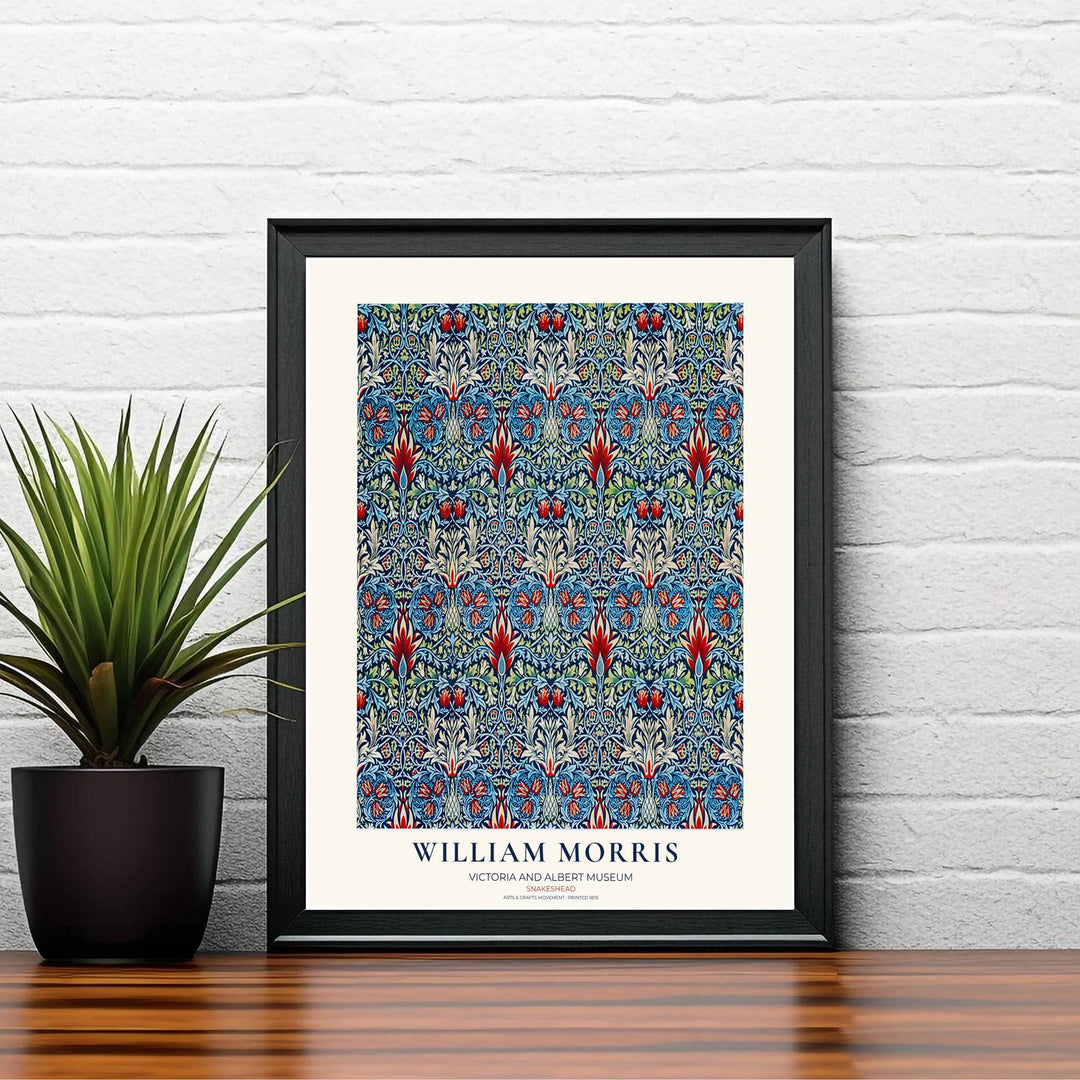 Indian-inspired textile foliage and red floral details define this William Morris Snakeshead print. MapYourDreams offers fine art framed, unframed, and canvas options available to elevate entryway gallery wall setups.