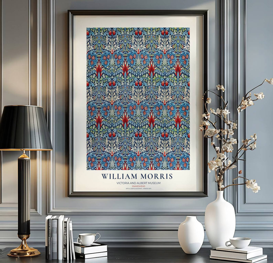 Historical Arts and Crafts fabric graphics set in a cream museum border shine in this William Morris Snakeshead poster. MapYourDreams presents professional framed, unframed, and canvas options available to suit your frame style.