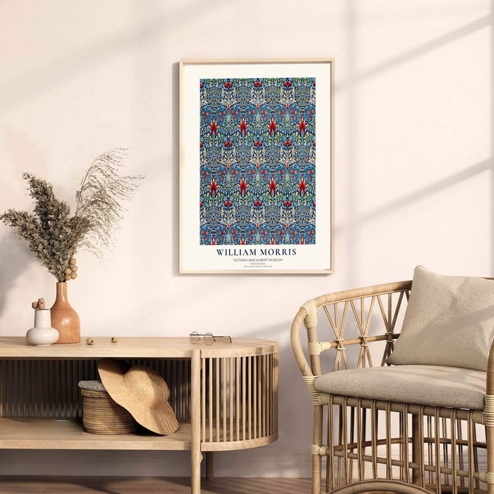 Bright red blooms and cream scrollwork decorate this restored William Morris Snakeshead wall art piece. Buy long-lasting framed, unframed, and canvas options available at MapYourDreams to expand your home art collection.