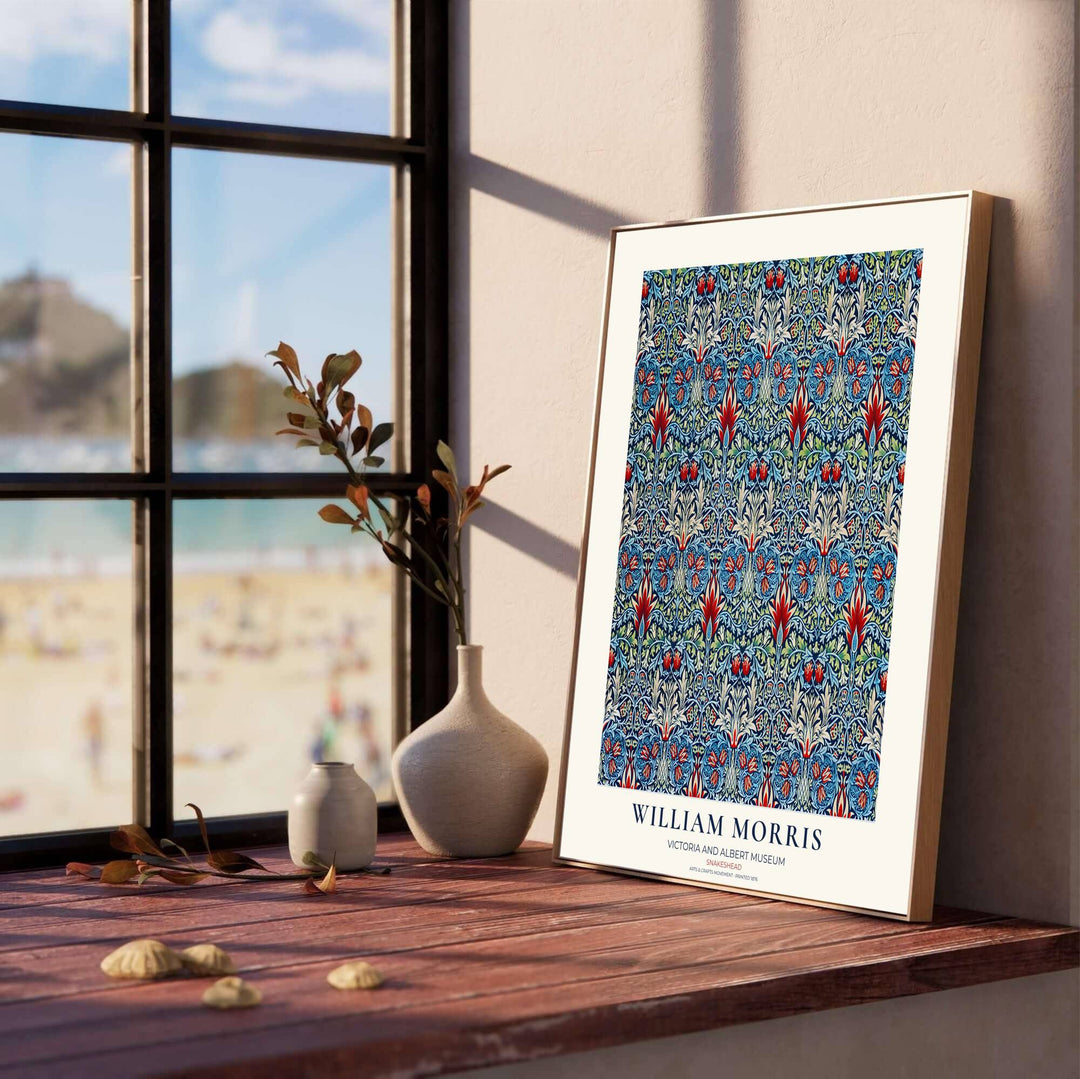 Bright red flower spikes contrast with dark leaves in this Victorian William Morris Snakeshead wall poster. Select durable framed, unframed, and canvas options available at MapYourDreams to match your custom picture frame choices.