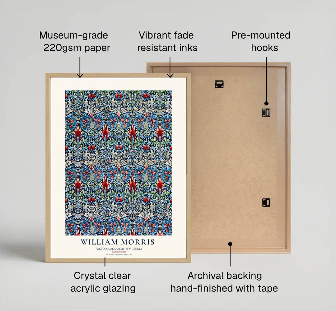 Symmetrical floral lattices weave across indigo blue in this William Morris Snakeshead art print. MapYourDreams provides archival framed, unframed, and canvas options available for nature-inspired home interior decoration.