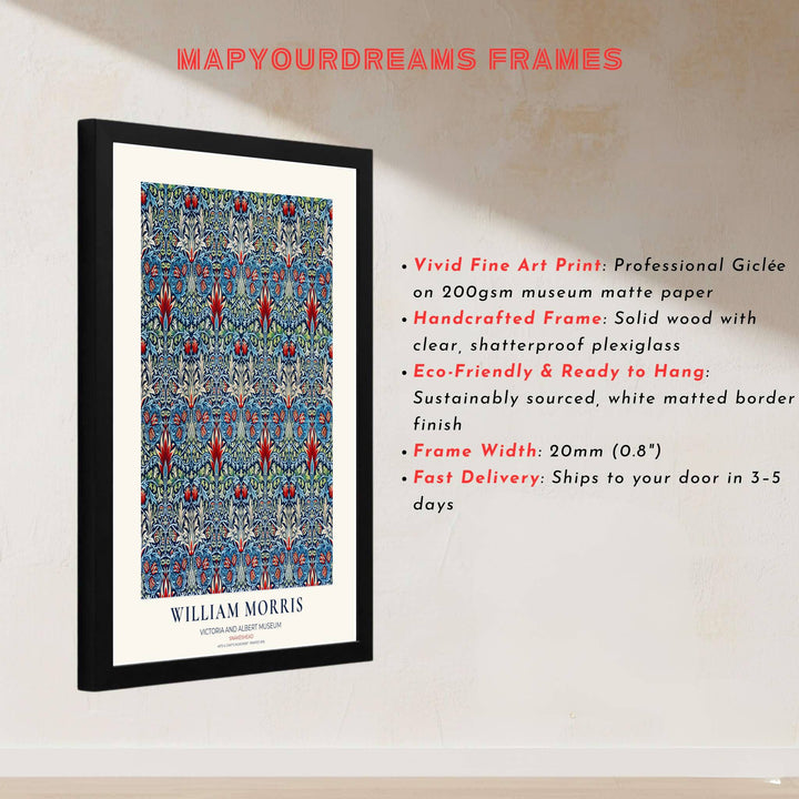 Flowing textile patterns create a rich, complex aesthetic in this William Morris Snakeshead art print. MapYourDreams features high-resolution framed, unframed, and canvas options available for master bedroom walls.