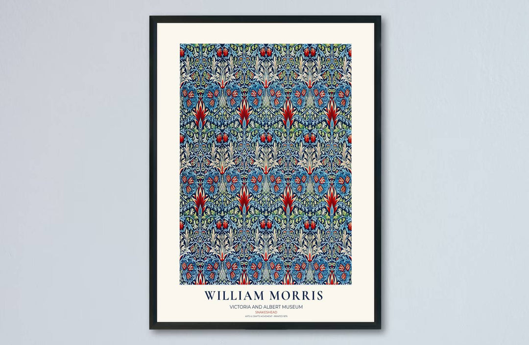 Rich navy and fiery red colors lend a cozy feel to this William Morris Snakeshead layout. Browse archival framed, unframed, and canvas options available at MapYourDreams to build a vintage gallery wall display.
