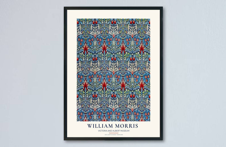 Rich navy and fiery red colors lend a cozy feel to this William Morris Snakeshead layout. Browse archival framed, unframed, and canvas options available at MapYourDreams to build a vintage gallery wall display.