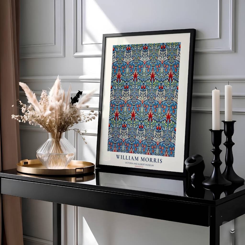 Deep blue backgrounds highlight red fritillaria blossoms in this 1876 William Morris Snakeshead poster. Discover high-quality framed, unframed, and canvas options available at MapYourDreams to style your home gallery wall.