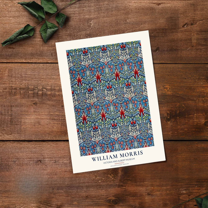 English textile heritage shines in this indigo and red William Morris Snakeshead illustration. Order custom framed, unframed, and canvas options available at MapYourDreams to establish a bold home interior accent.