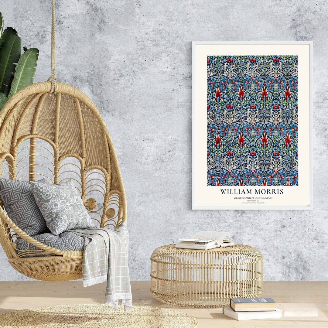 Indian-influenced botanical patterns combine for a bold aesthetic in this William Morris Snakeshead poster. Shop ready-to-ship framed, unframed, and canvas options available from MapYourDreams to complement modern decor.