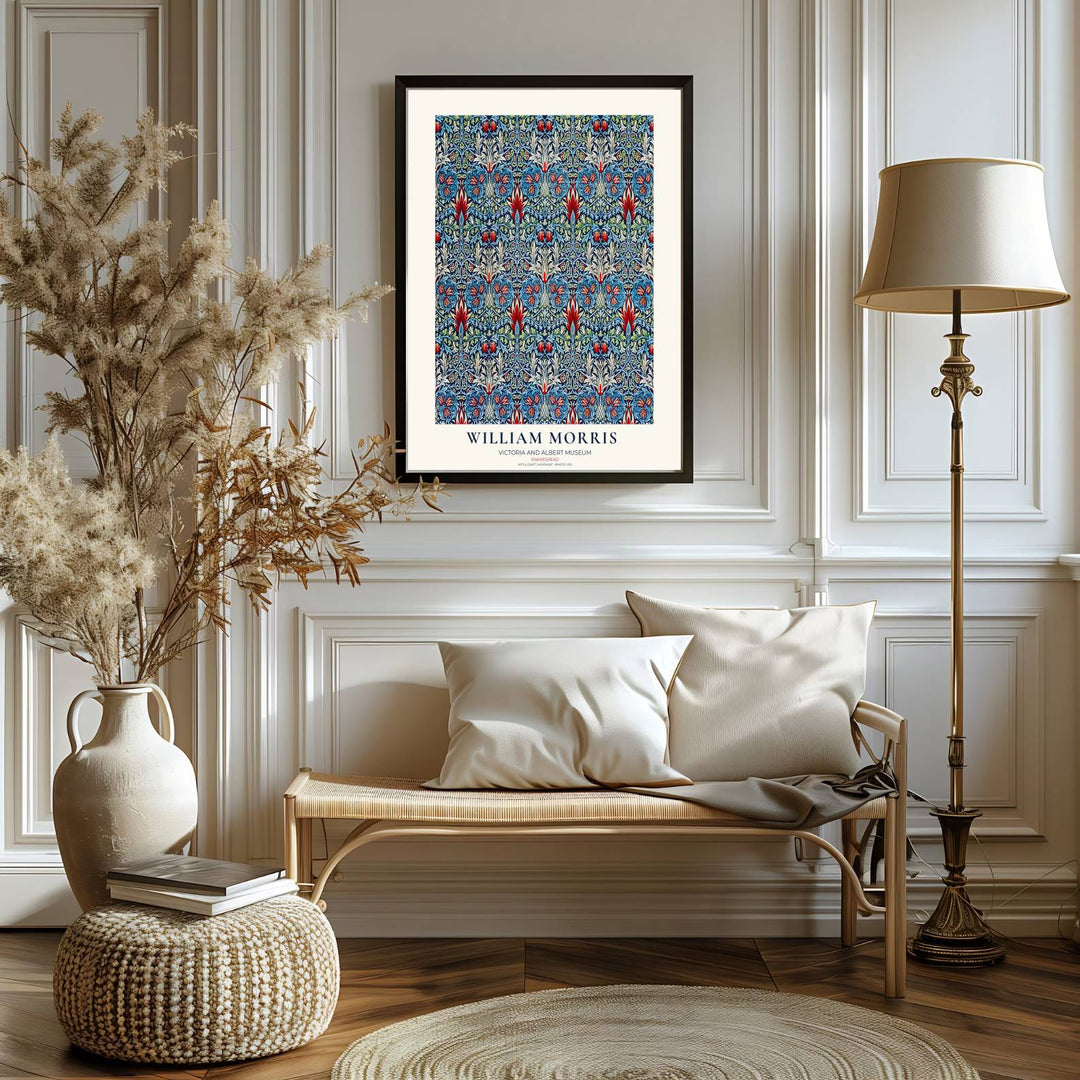 Botanical line art and red fritillaria illustrations bring historic charm in this William Morris Snakeshead print. MapYourDreams delivers museum-quality framed, unframed, and canvas options available for quick home delivery.