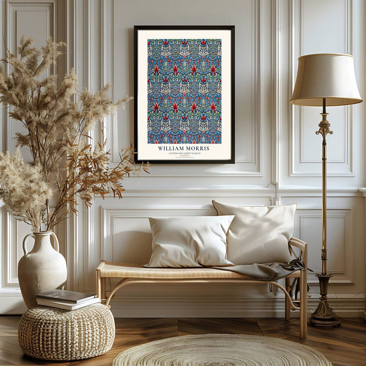 Botanical line art and red fritillaria illustrations bring historic charm in this William Morris Snakeshead print. MapYourDreams delivers museum-quality framed, unframed, and canvas options available for quick home delivery.