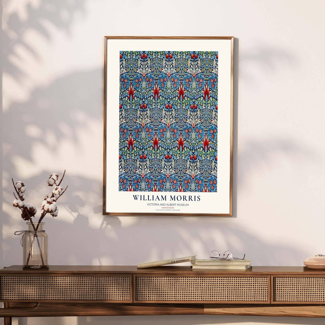 Muted green and bold red wall decor inspired by 1876 textiles defines this William Morris Snakeshead print. MapYourDreams brings tailored framed, unframed, and canvas options available to match your unique home aesthetic.
