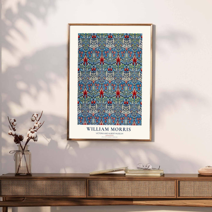 Muted green and bold red wall decor inspired by 1876 textiles defines this William Morris Snakeshead print. MapYourDreams brings tailored framed, unframed, and canvas options available to match your unique home aesthetic.