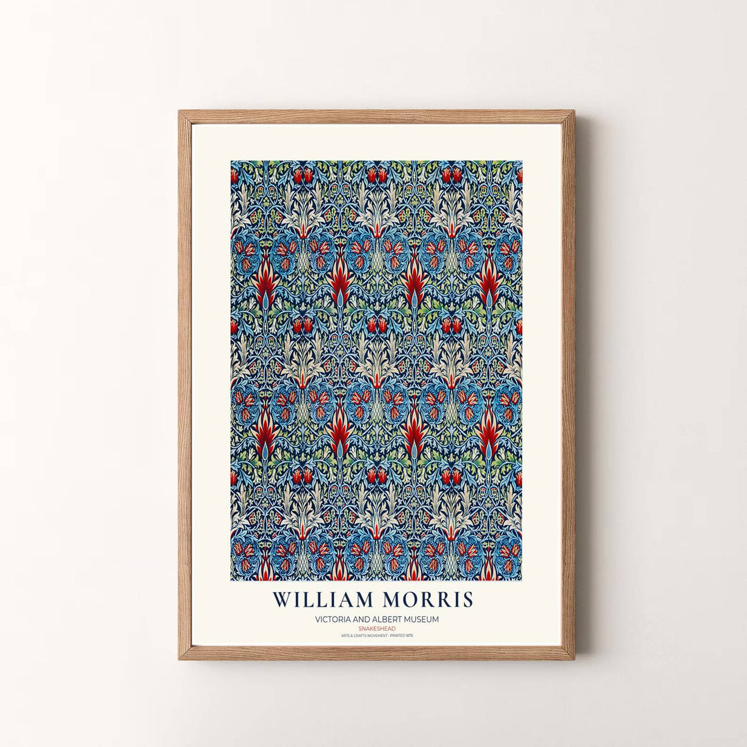 A regal indigo and red colorway transforms this classic 1876 William Morris Snakeshead design for home spaces. Explore fine framed, unframed, and canvas options available at MapYourDreams for lasting wall beauty.