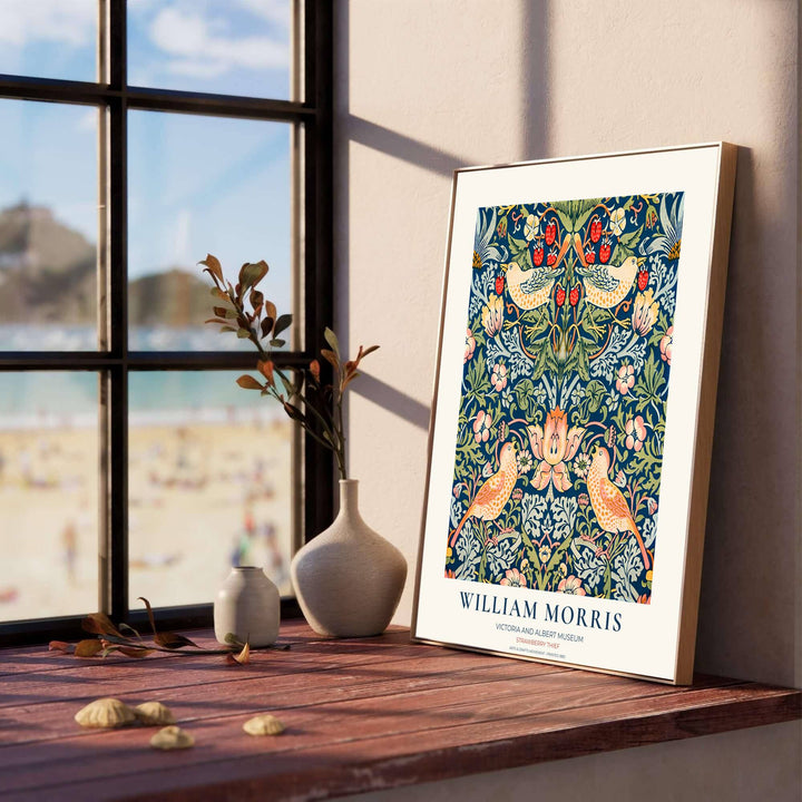Historic V&amp;A layout featuring thrushes stealing ripe red strawberries in a William Morris Strawberry Thief poster. Select durable framed, unframed, and canvas options available at MapYourDreams for custom picture frames.