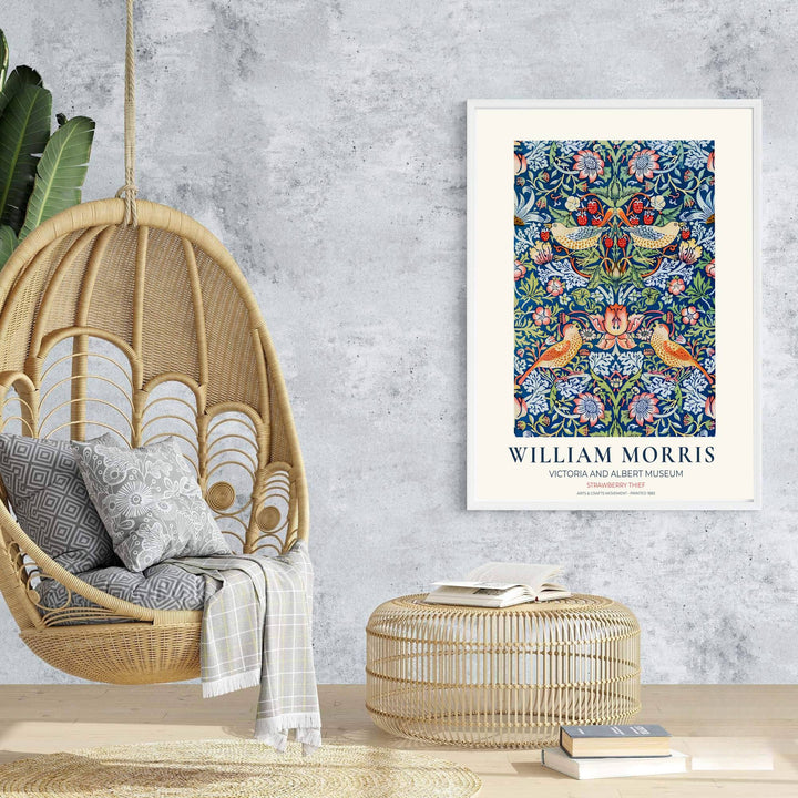 Thrushes clutching ripe strawberries highlight this restored William Morris Strawberry Thief print design. Order beautiful framed, unframed, and canvas options available at MapYourDreams to create an eye-catching focal point.