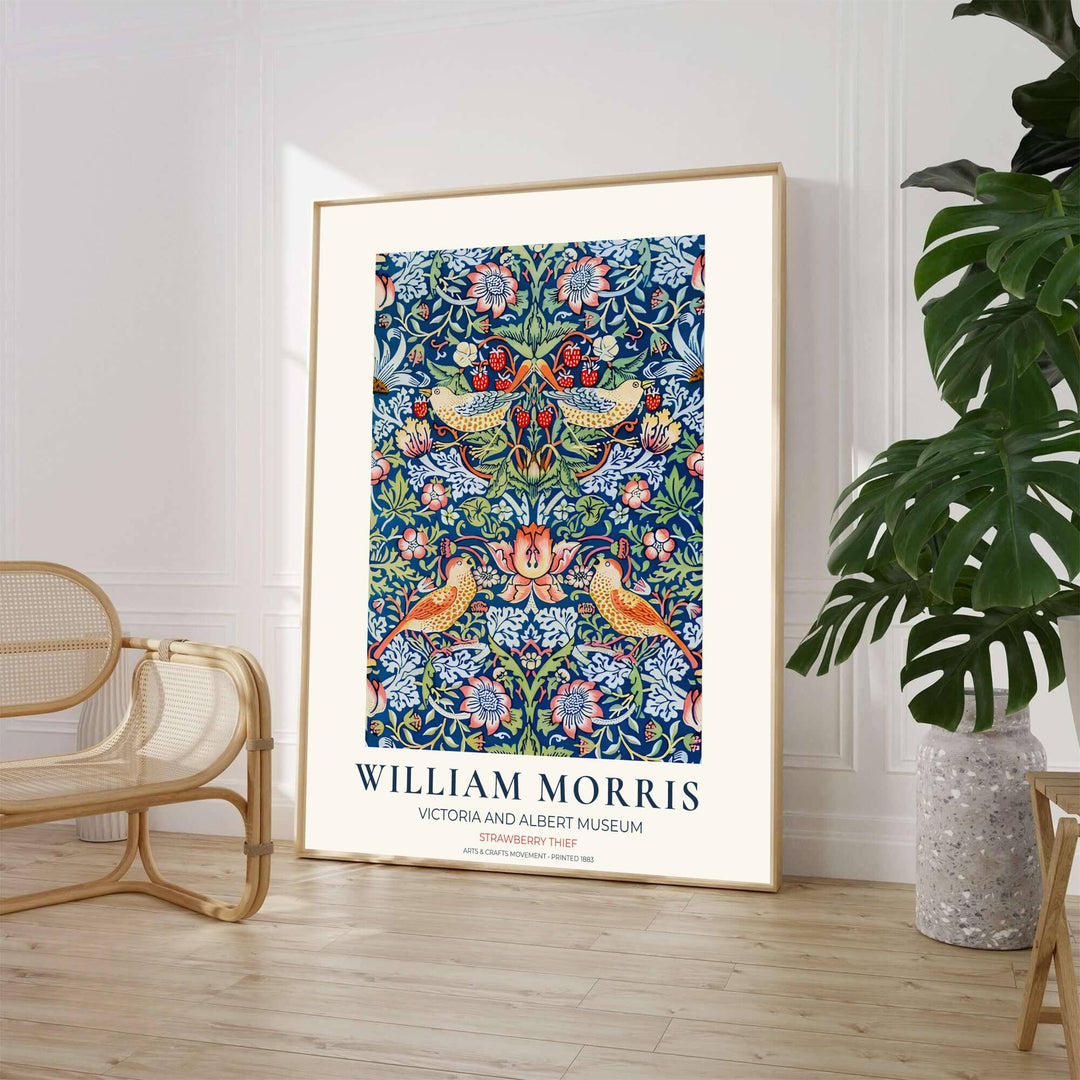 Inspired by 1883 block-printed cottons, this William Morris Strawberry Thief art piece features bird graphics. Explore versatile framed, unframed, and canvas options available at MapYourDreams for cottagecore home decor.