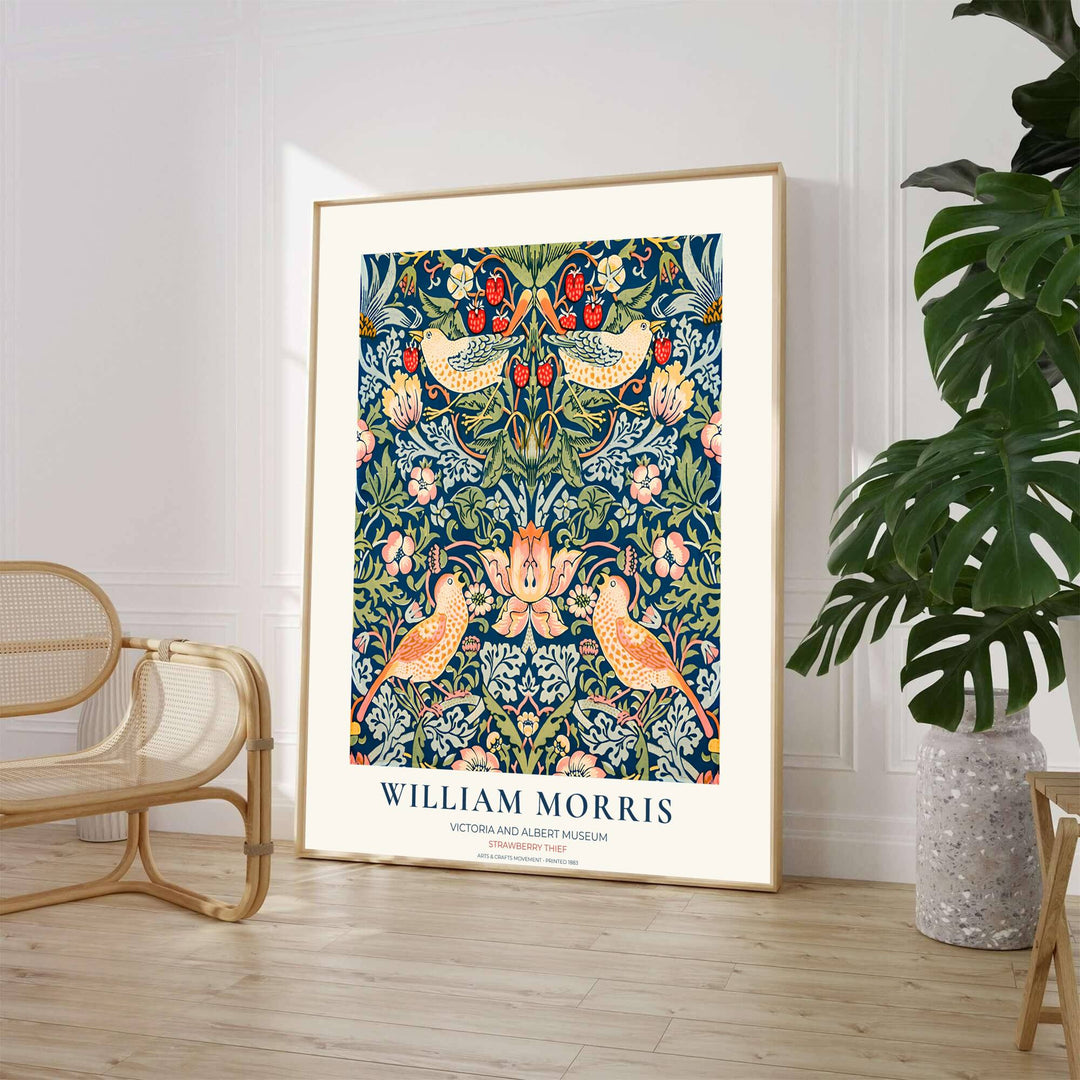 Museum-style presentation of William Morris Strawberry Thief with yellow thrush birds on cobalt blue. Order beautiful framed, unframed, and canvas options available at MapYourDreams to create a refined gallery focal point.