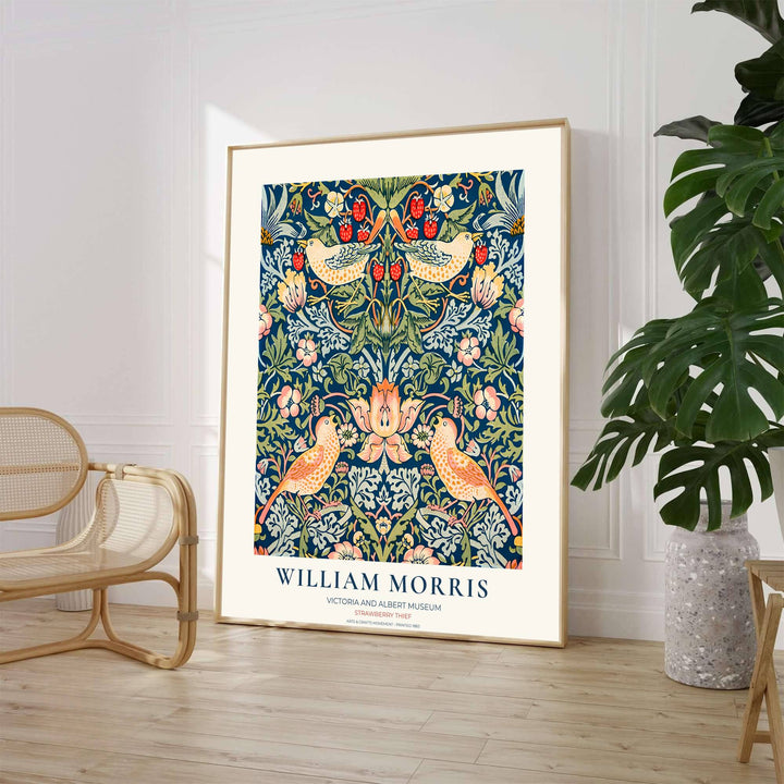 Museum-style presentation of William Morris Strawberry Thief with yellow thrush birds on cobalt blue. Order beautiful framed, unframed, and canvas options available at MapYourDreams to create a refined gallery focal point.