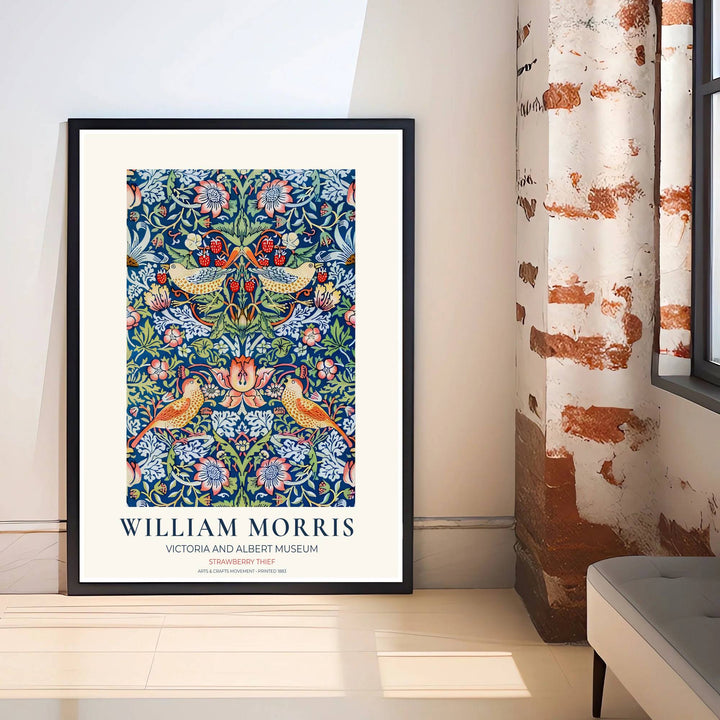 Red berries mix with green leaves and yellow birds in this William Morris Strawberry Thief wall poster. MapYourDreams delivers museum-grade framed, unframed, and canvas options available with fast shipping for art lovers.