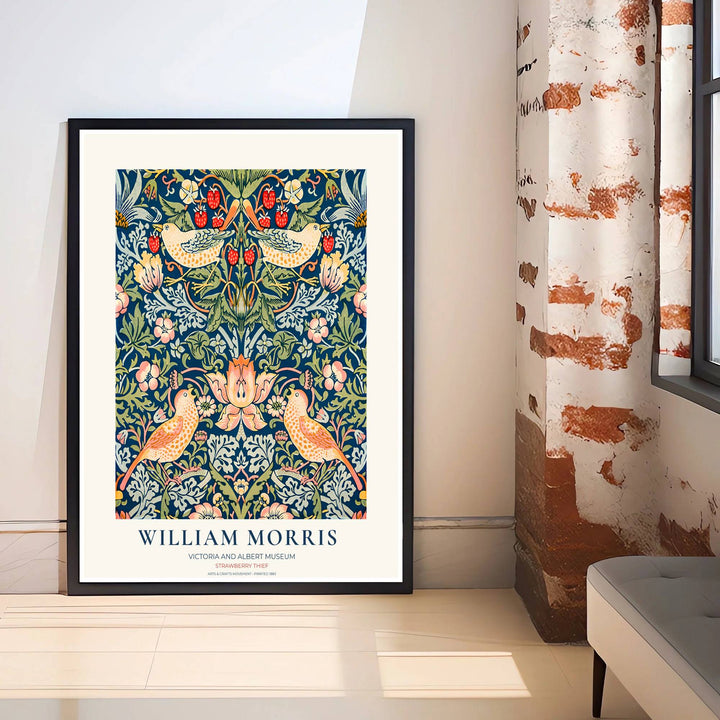 Victoria and Albert Museum print edition of William Morris Strawberry Thief with vintage bird graphics. Explore versatile framed, unframed, and canvas options available at MapYourDreams for cottagecore wall displays.