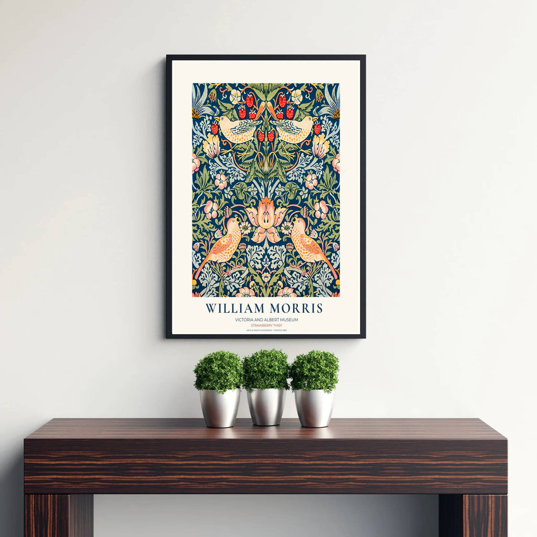 Fine art exhibition poster of William Morris Strawberry Thief featuring red berries and green foliage. MapYourDreams delivers museum-grade framed, unframed, and canvas options available with fast shipping for art collectors.