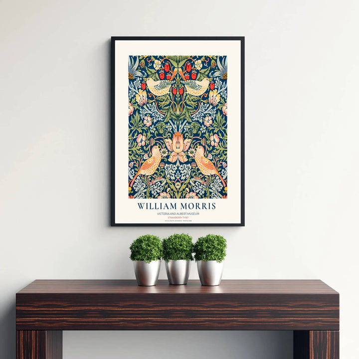 Fine art exhibition poster of William Morris Strawberry Thief featuring red berries and green foliage. MapYourDreams delivers museum-grade framed, unframed, and canvas options available with fast shipping for art collectors.