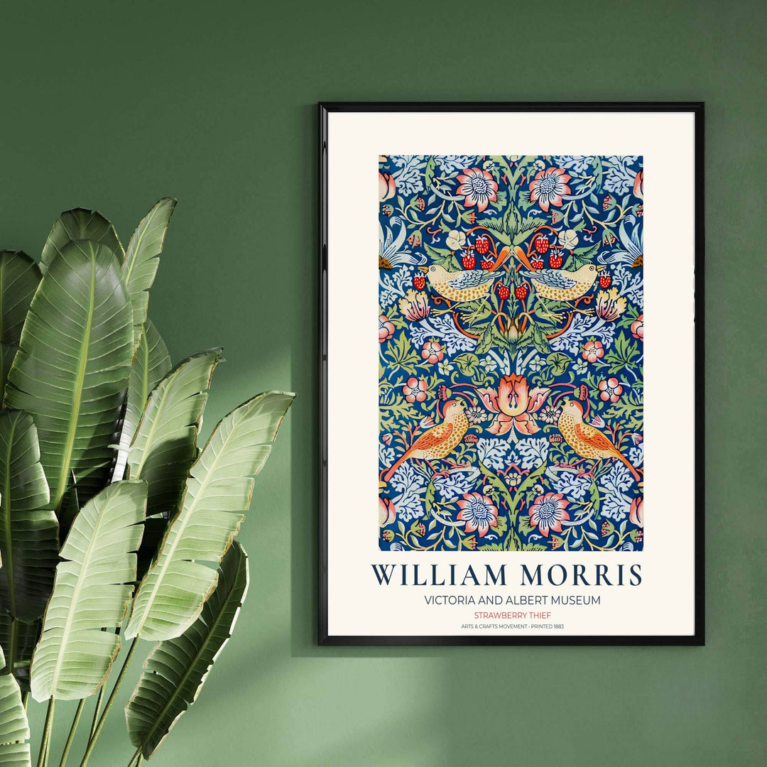 A dark indigo bird layout highlights this 19th-century William Morris Strawberry Thief exhibition poster. Shop premium framed, unframed, and canvas options available online today from MapYourDreams for cozy wall spaces.