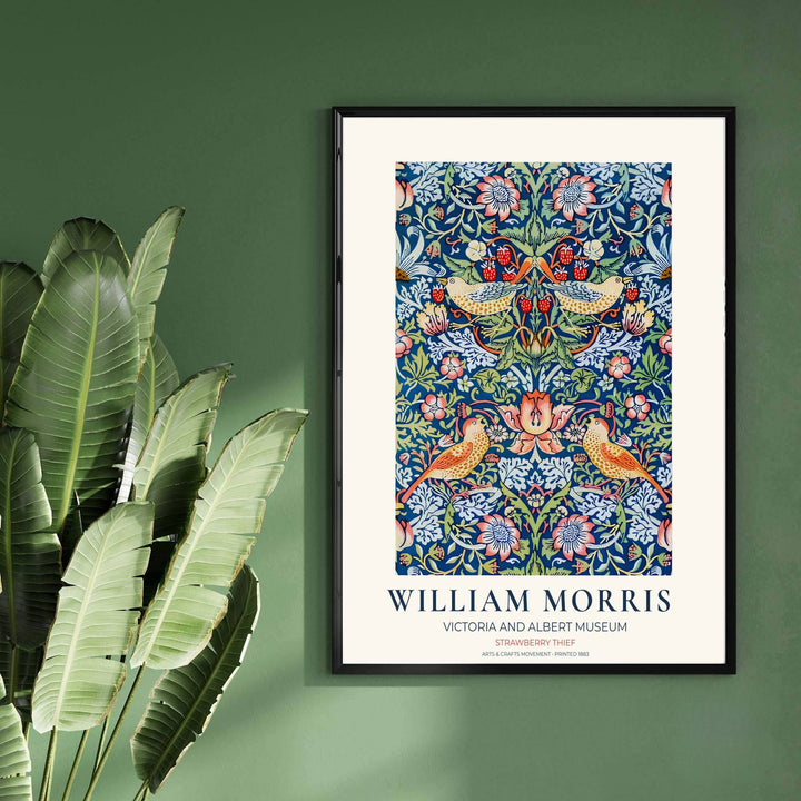 A dark indigo bird layout highlights this 19th-century William Morris Strawberry Thief exhibition poster. Shop premium framed, unframed, and canvas options available online today from MapYourDreams for cozy wall spaces.