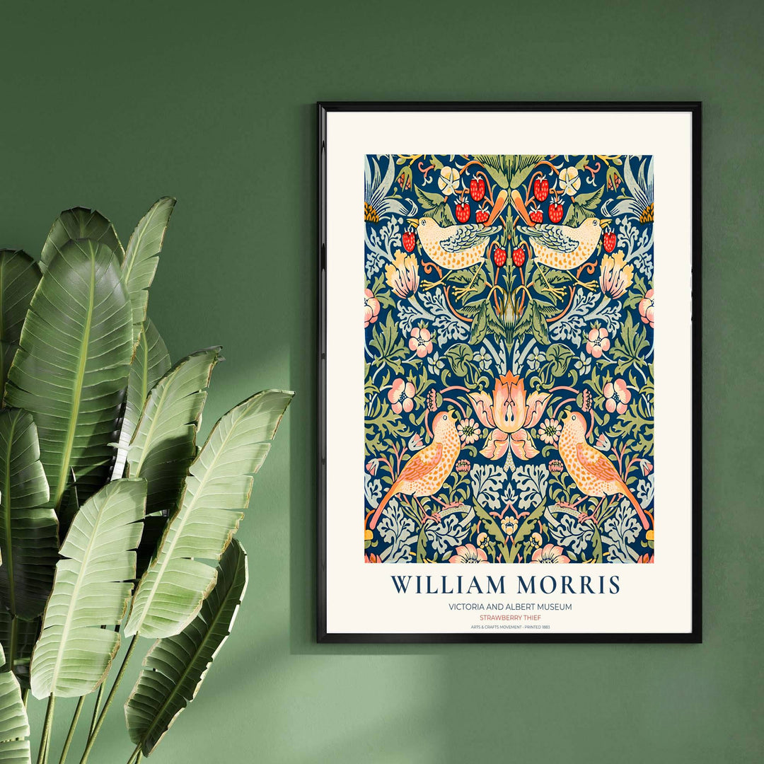 Museum gallery border enhances the navy blue and red tones of this William Morris Strawberry Thief print. Choose tailored framed, unframed, and canvas options available at MapYourDreams to match your home interior design.