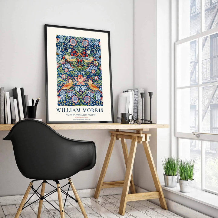 Bring playful English heritage to kitchens with this blue and red William Morris Strawberry Thief exhibition layout. MapYourDreams offers custom framed, unframed, and canvas options available for charming home wall displays.