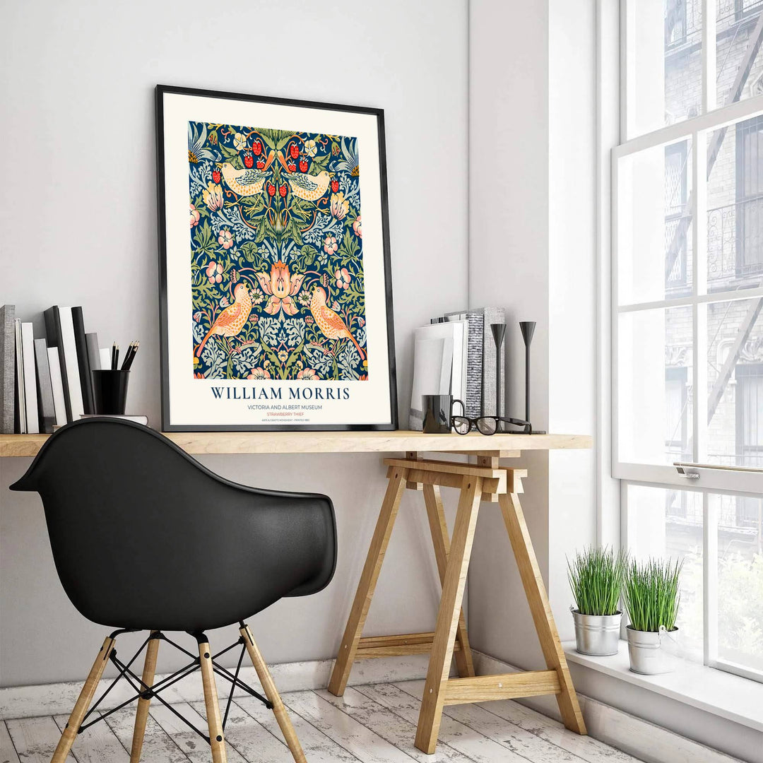 Authentic museum exhibition border wraps yellow birds and red fruit in this William Morris Strawberry Thief print. MapYourDreams offers custom framed, unframed, and canvas options available for dining room wall decoration.