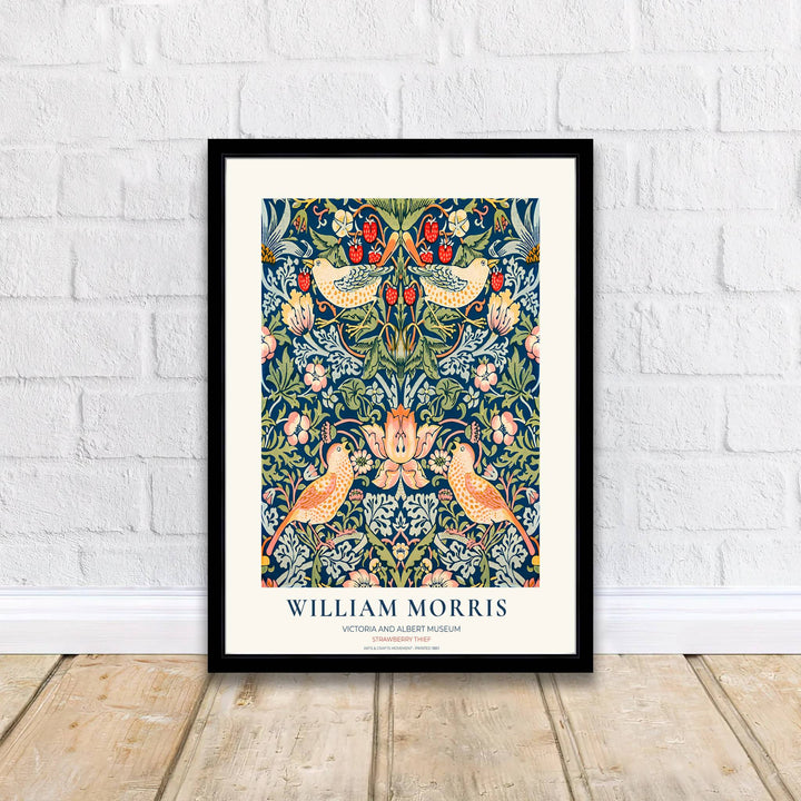 Vintage V&amp;A museum poster design highlighting William Morris Strawberry Thief with yellow birds and red strawberries. Shop framed, unframed, and canvas options available online today from MapYourDreams for cozy walls.