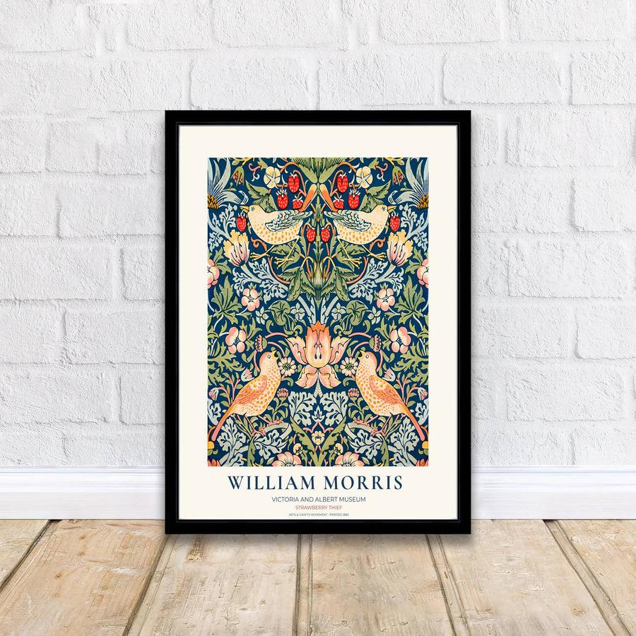 Vintage V&amp;A museum poster design highlighting William Morris Strawberry Thief with yellow birds and red strawberries. Shop framed, unframed, and canvas options available online today from MapYourDreams for cozy walls.