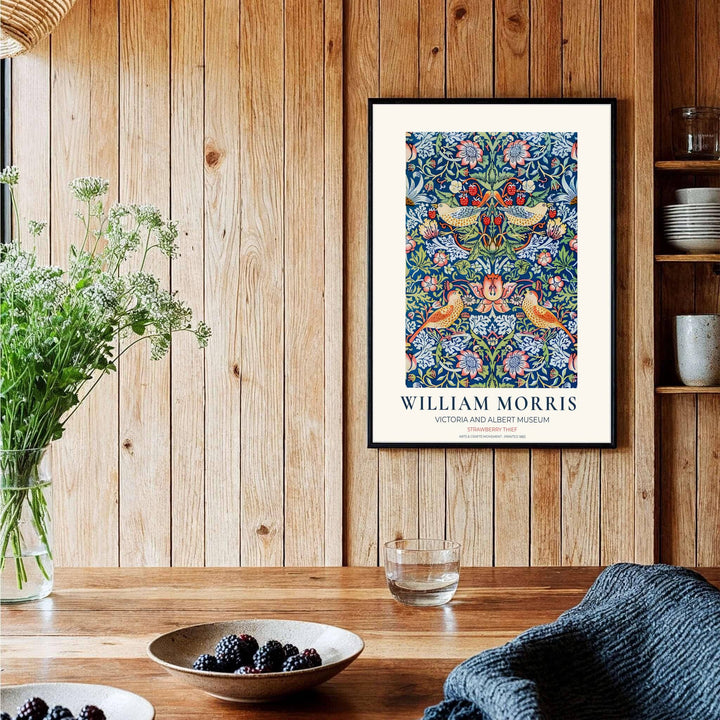 Historical Arts and Crafts textile graphics set in a cream museum border shine in this William Morris Strawberry Thief poster. MapYourDreams presents professional framed, unframed, and canvas options available for any room.