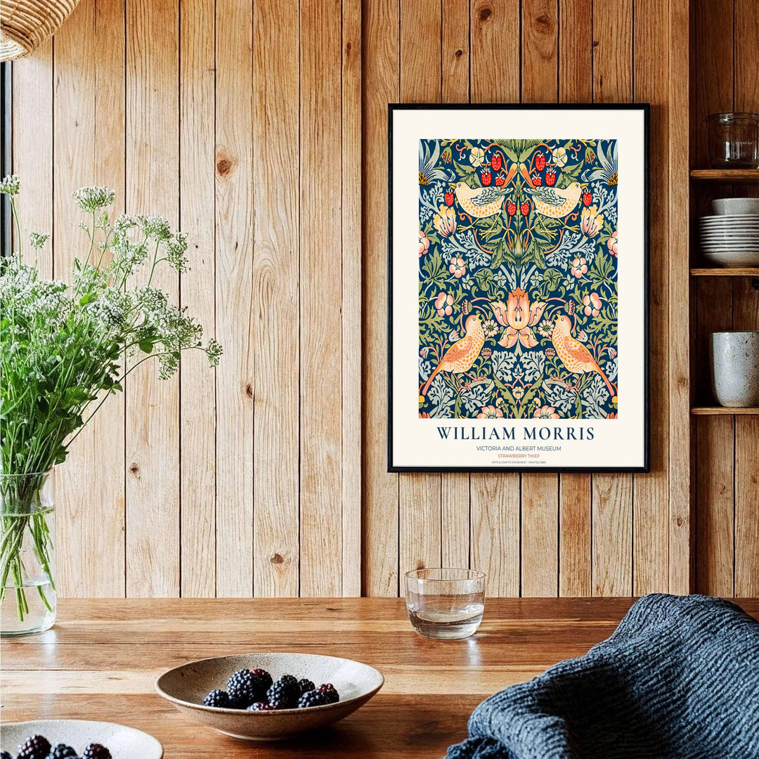 Victoria and Albert Museum text margin frames red fruit and yellow birds in a William Morris Strawberry Thief print. Discover ready-to-hang framed, unframed, and canvas options available at MapYourDreams for home styling.