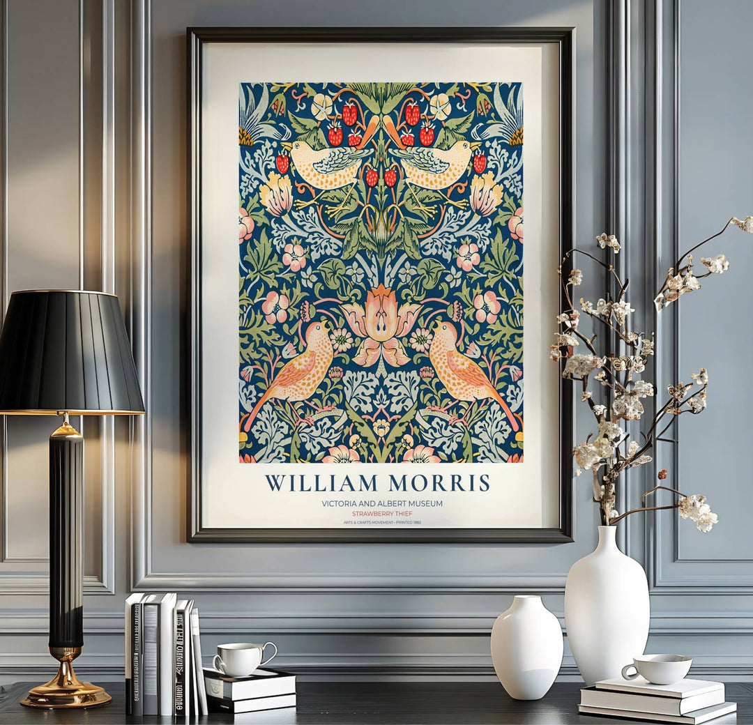 Restored V&amp;A exhibition art poster of William Morris Strawberry Thief printed on archival matte paper. MapYourDreams presents professional framed, unframed, and canvas options available to suit your frame style.