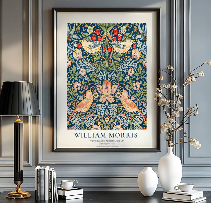 Restored V&amp;A exhibition art poster of William Morris Strawberry Thief printed on archival matte paper. MapYourDreams presents professional framed, unframed, and canvas options available to suit your frame style.