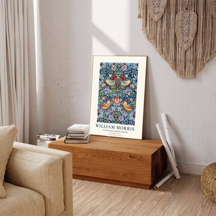 Symmetrical garden birds and red berries highlight this V&amp;A William Morris Strawberry Thief poster. Select high-grade framed, unframed, and canvas options available at MapYourDreams to enhance your entryway wall decor.