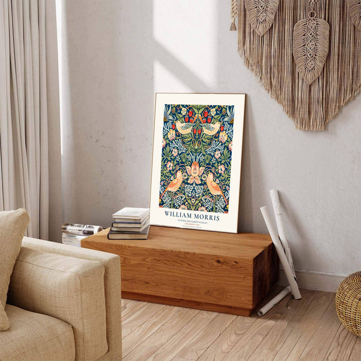 V&amp;A museum gallery layout pairs rich cobalt blue with red fruit in this William Morris Strawberry Thief print. MapYourDreams provides stylish framed, unframed, and canvas options available for elegant living spaces.
