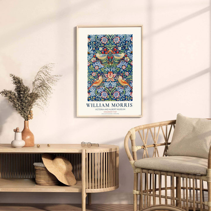 Deep blue tones meet red strawberries in a sophisticated William Morris Strawberry Thief artwork print. MapYourDreams provides stylish framed, unframed, and canvas options available for designing lively living quarters.