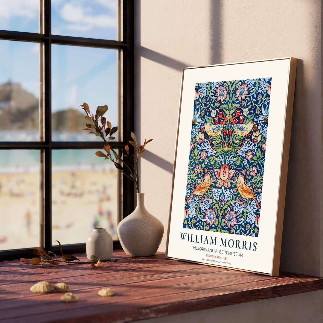 Bright red fruit and speckled yellow birds define this Victorian William Morris Strawberry Thief wall poster. Select durable framed, unframed, and canvas options available at MapYourDreams to match your frame choices.