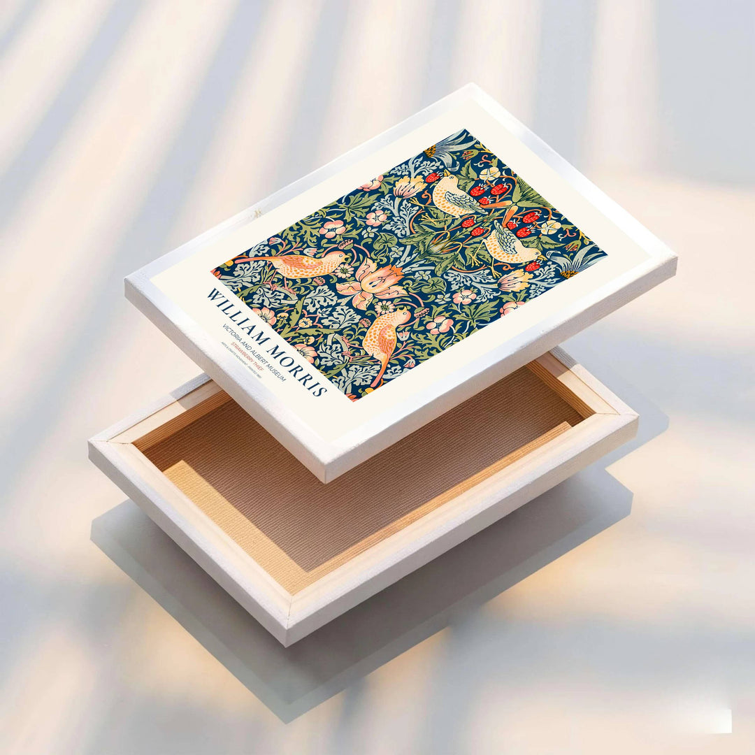 Museum typography highlights yellow thrush birds and strawberries in a William Morris Strawberry Thief poster. Select high-grade framed, unframed, and canvas options available at MapYourDreams to enhance entryway decor.