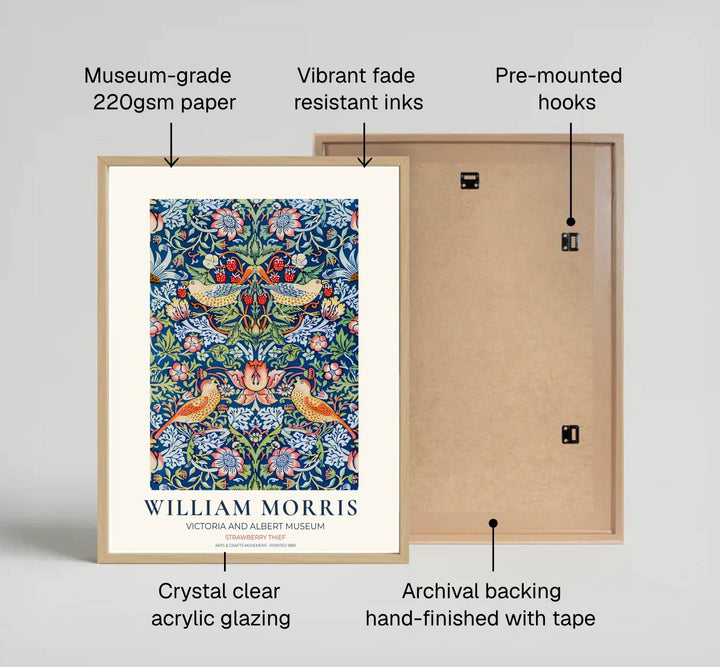 Symmetrical thrushes perch amid white flowers in this William Morris Strawberry Thief art print. MapYourDreams provides archival framed, unframed, and canvas options available for nature-inspired home interior decoration.