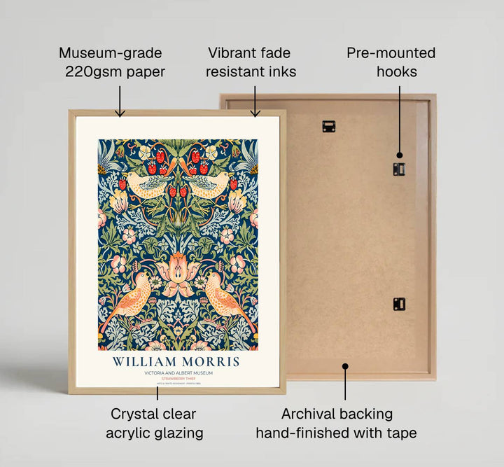 V&amp;A museum edition of William Morris Strawberry Thief poster displaying yellow birds and red fruit on indigo. Discover quality framed, unframed, and canvas options available at MapYourDreams to style your living room walls.