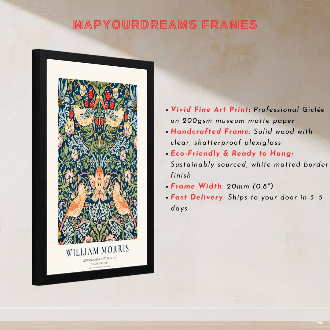Historic exhibition layout showcasing garden birds and floral vines in a William Morris Strawberry Thief print. MapYourDreams features high-resolution framed, unframed, and canvas options available for kitchen walls.