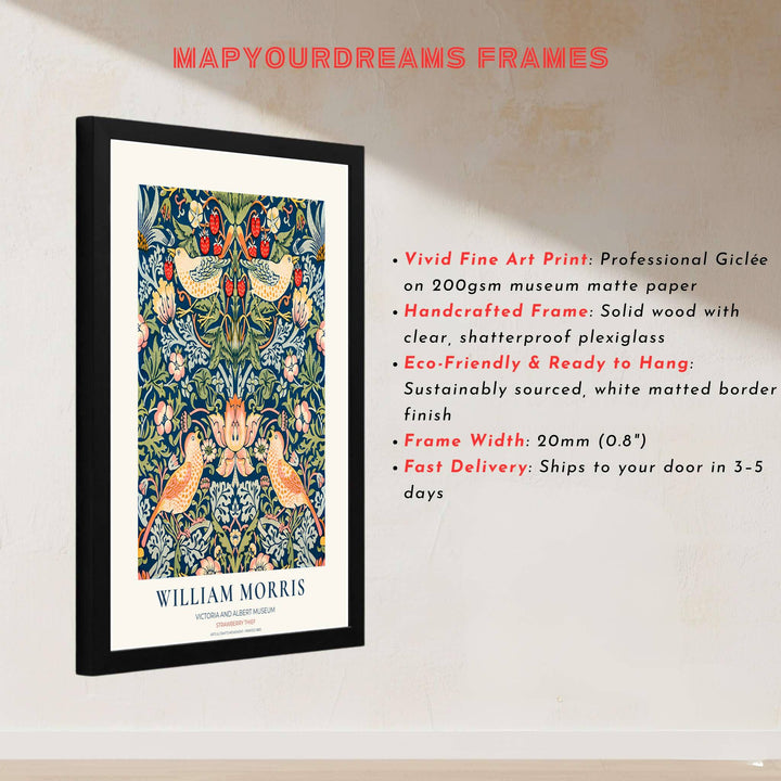 Historic exhibition layout showcasing garden birds and floral vines in a William Morris Strawberry Thief print. MapYourDreams features high-resolution framed, unframed, and canvas options available for kitchen walls.