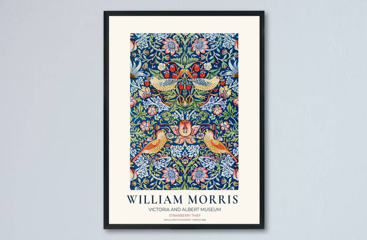 English textile heritage shines in this blue and red William Morris Strawberry Thief illustration. Order custom framed, unframed, and canvas options available at MapYourDreams to establish a delightful home interior accent.