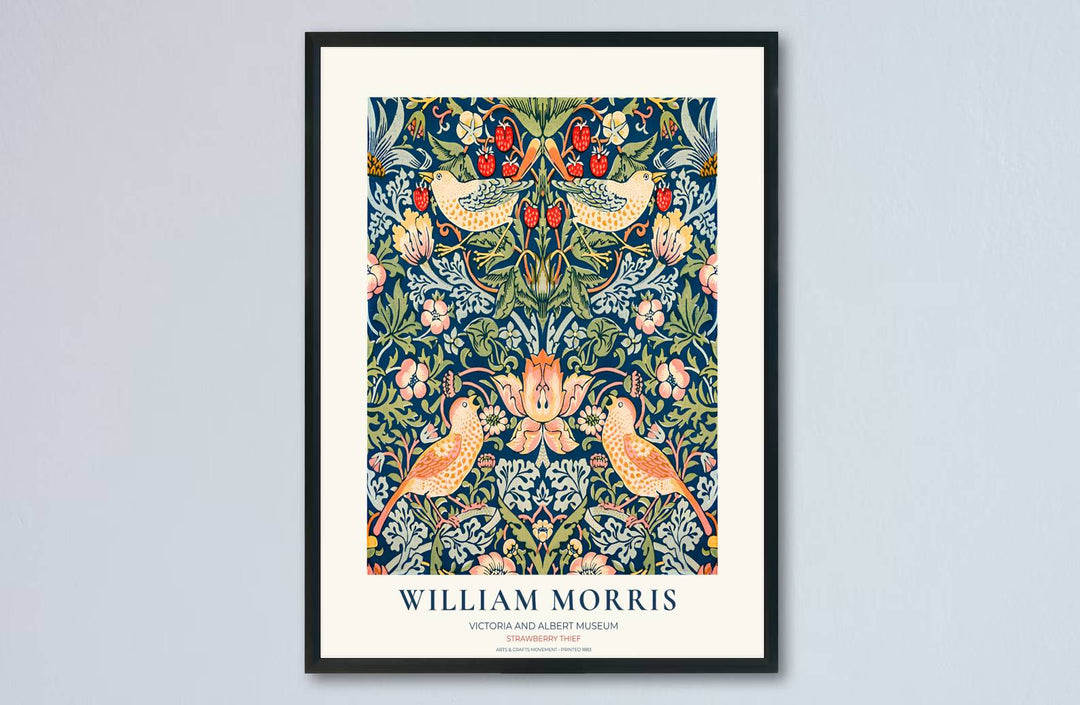 Victoria and Albert Museum border style frames deep blue and red tones in a William Morris Strawberry Thief print. Browse archival framed, unframed, and canvas options available at MapYourDreams for vintage gallery walls.