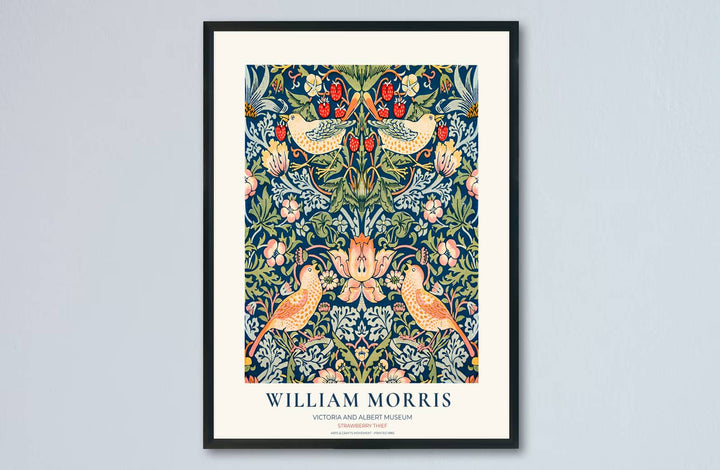 Victoria and Albert Museum border style frames deep blue and red tones in a William Morris Strawberry Thief print. Browse archival framed, unframed, and canvas options available at MapYourDreams for vintage gallery walls.